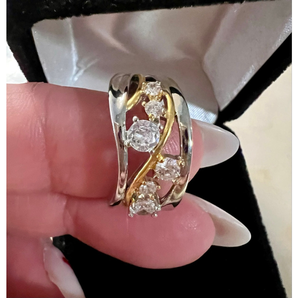 Vine Design 925 Silver With Gold Simulated Diamond Fashion Ring - Picture 7 of 8